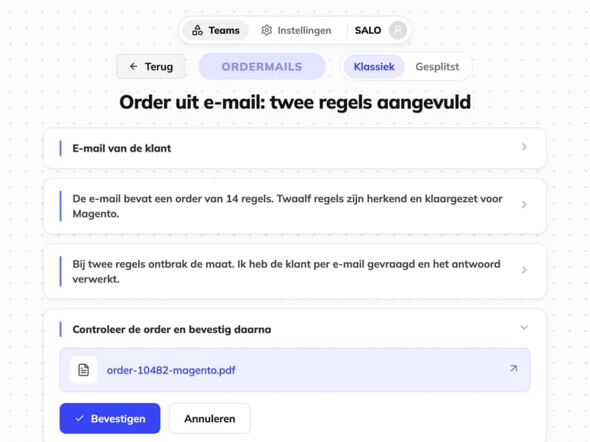 AI-agent verwerkt ordermails automatisch bij SALO