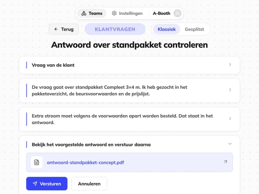 AI-workflow beantwoordt klantvragen bij A-Booth