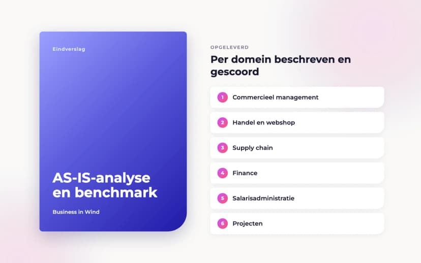 Het eindverslag AS-IS-analyse en benchmark, met per domein een beschrijving en een benchmark