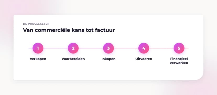 De procesketen van commerciële kans tot factuur: verkopen, voorbereiden, inkopen, uitvoeren en financieel verwerken