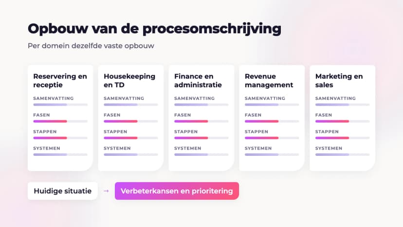 De opbouw van de procesomschrijving: vijf domeinen met elk een samenvatting, fasen, stappen en systemen, als opmaat naar verbeterkansen en prioritering